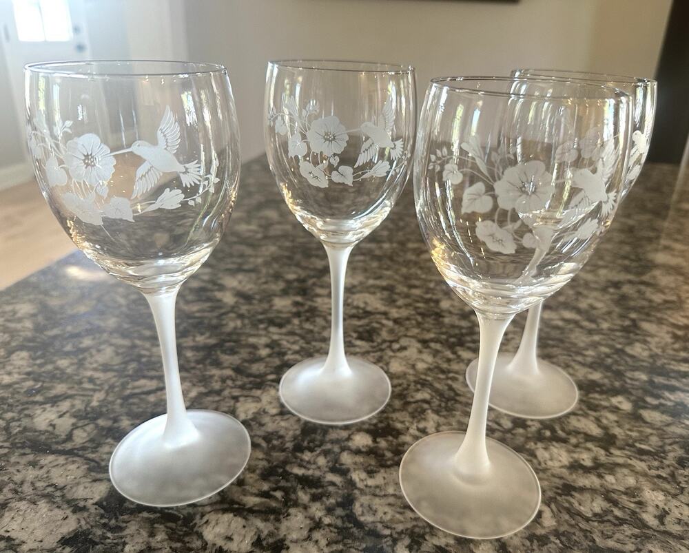 4 Avon Hummingbird Floral Etched Crystal Wine Glasses W/Frosted Stems 8.25"